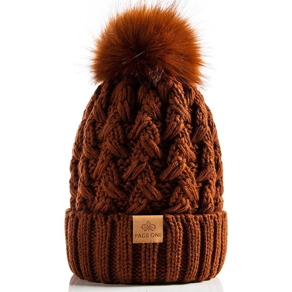 Womens Winter Ribbed Beanie Crossed Cap Chunky Cable Knit Pompom Soft Warm Hat